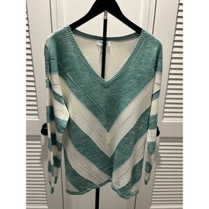 Creation L Chevron V Neck Sweater‎ Teal White Lightweight Knit Size 12